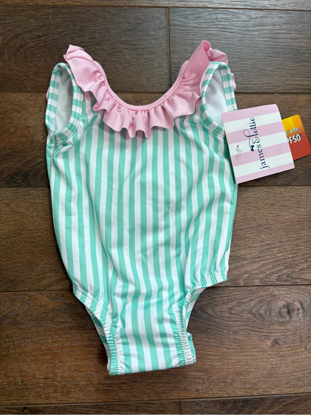 NWT James & Lottie Baby Girls 9M Mint Green Stripe Pink Ruffle Bow Swimsuit
